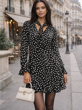Anthropologie Polka Dot Tie-Neck Swing Mini Dress Black White S Ruffle Chic